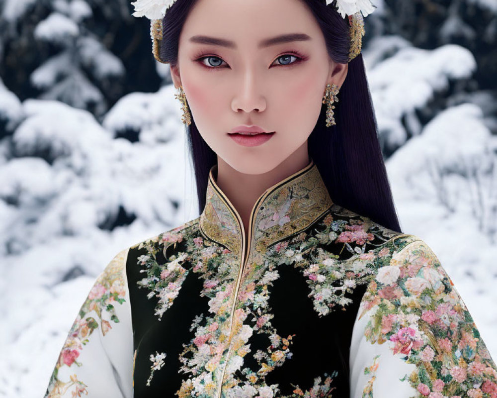 Digital artwork of woman in Asian attire with floral patterns on snowy backdrop