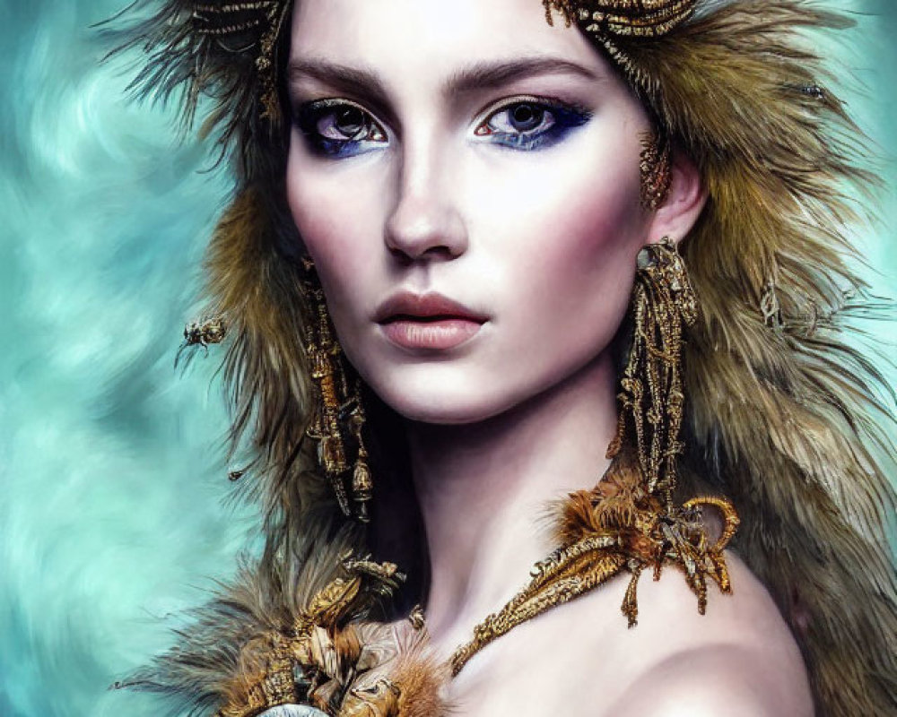 Striking blue-eyed woman with golden feathered headwear on teal background