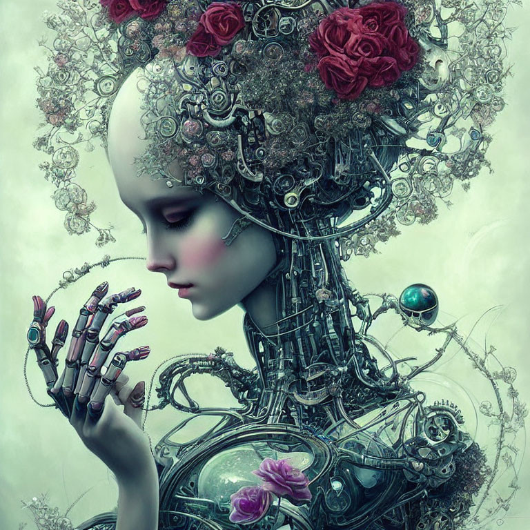 Surreal robotic woman with floral headpiece and floating orb in muted setting