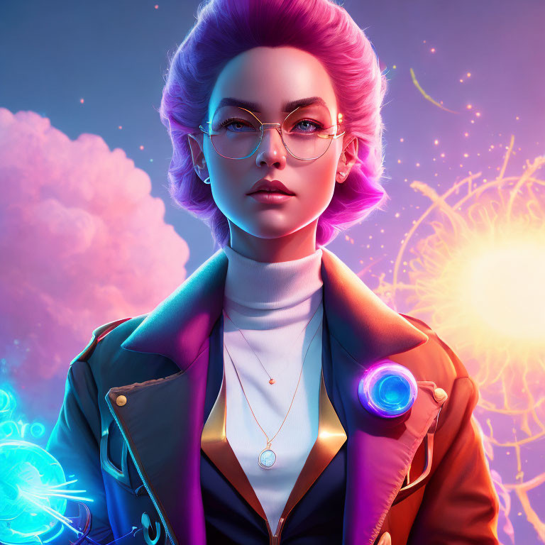 Digital portrait of woman with purple hair, glasses, necklace, and futuristic jacket against vibrant backdrop