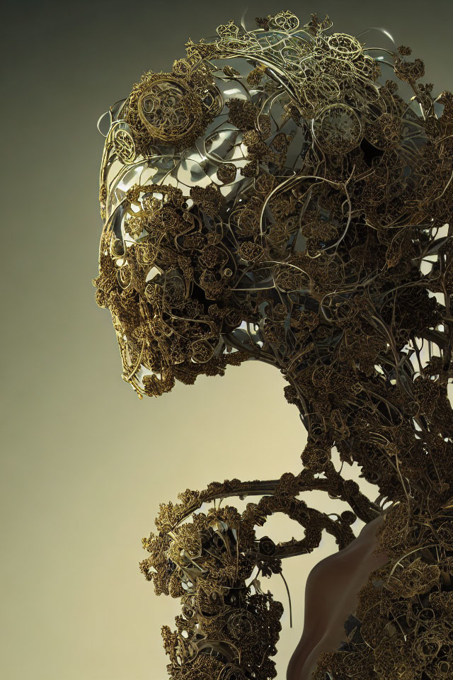 Intricate metallic filigree humanoid figure artwork