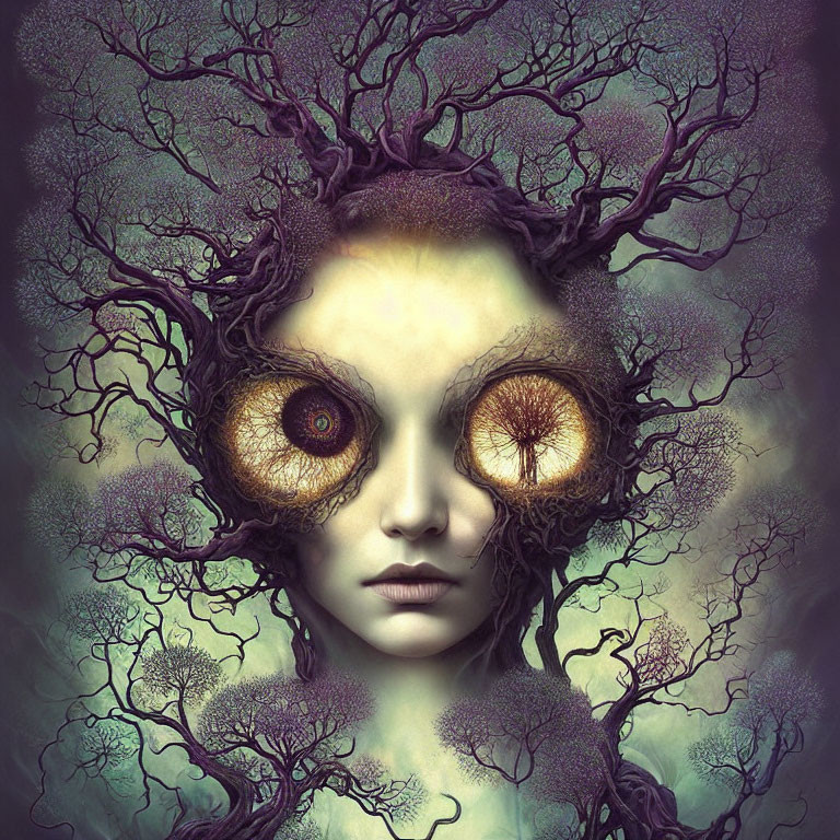 Person with Tree Branch Hair and Hypnotic Eyes in Surreal Portrait