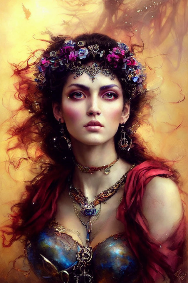 Digital artwork of woman with vibrant red hair, floral and mechanical crown, intense gaze, red and blue