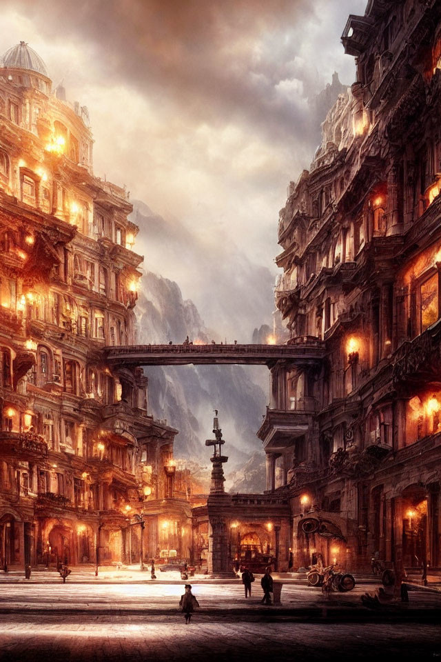 Ornate fantasy cityscape at dusk with glowing lights and dramatic sky