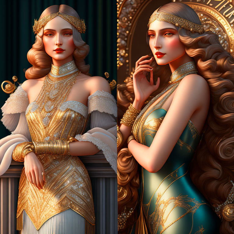 Stylized Elegant Women in Gold Outfits Against Classical Architecture