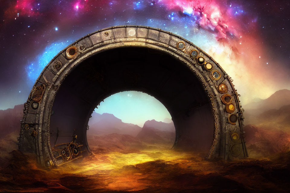 Ancient circular portal in sci-fi desert landscape with colorful nebula