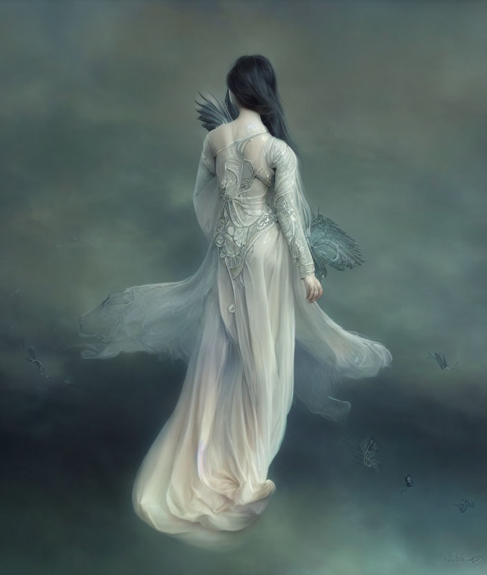 Ethereal figure with dark hair and feathered wings in misty setting
