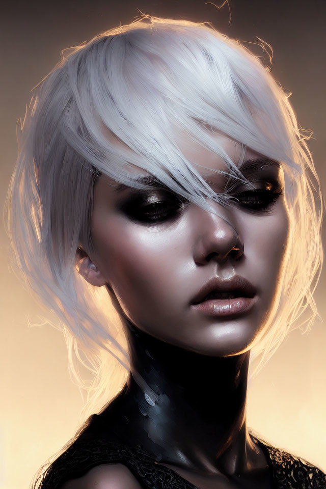 Striking digital portrait of person with platinum blonde hair and dark outfit