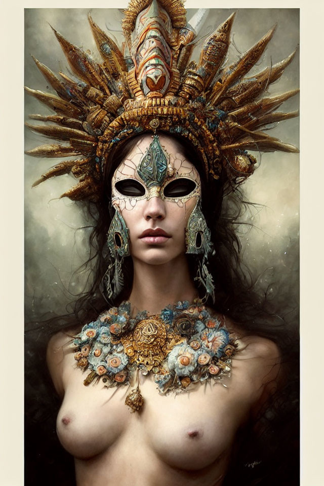 Intricate tribal attire with ornate headdress and mask