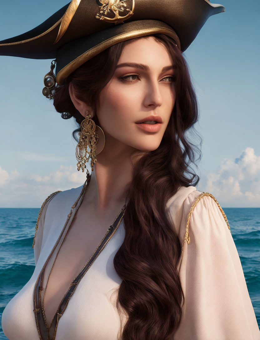 Woman in pirate hat with ocean backdrop, long wavy hair, gold earrings, white blouse.