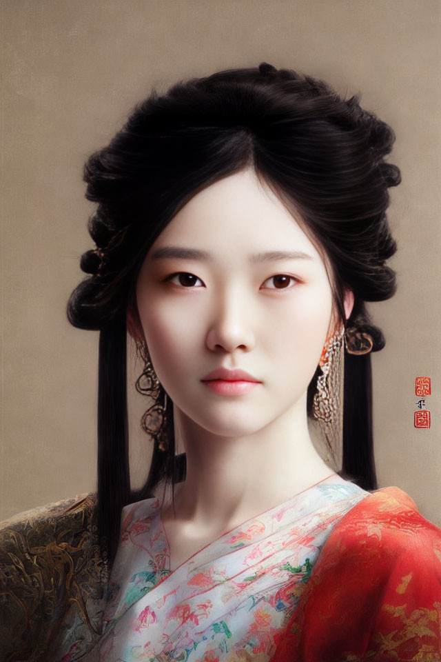 Traditional East Asian Woman Portrait with Delicate Earrings