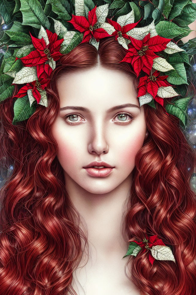 Red-haired woman with green eyes wearing poinsettia wreath embodies serenity and festivity