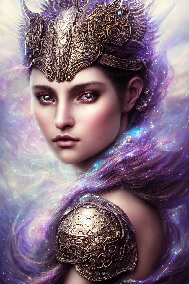 Digital artwork: Woman in golden armor and headdress in purple nebula.