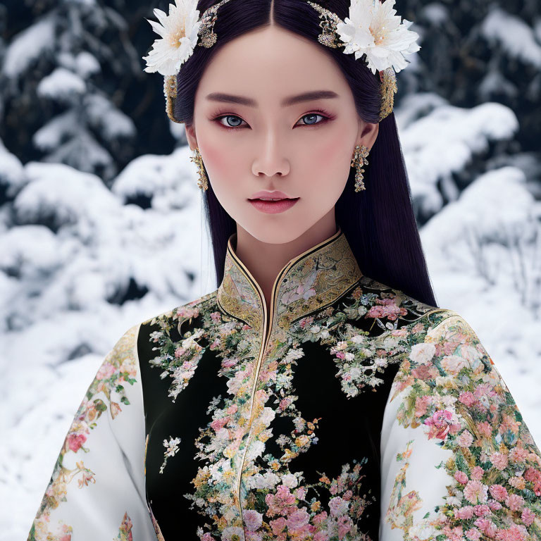 Digital artwork of woman in Asian attire with floral patterns on snowy backdrop