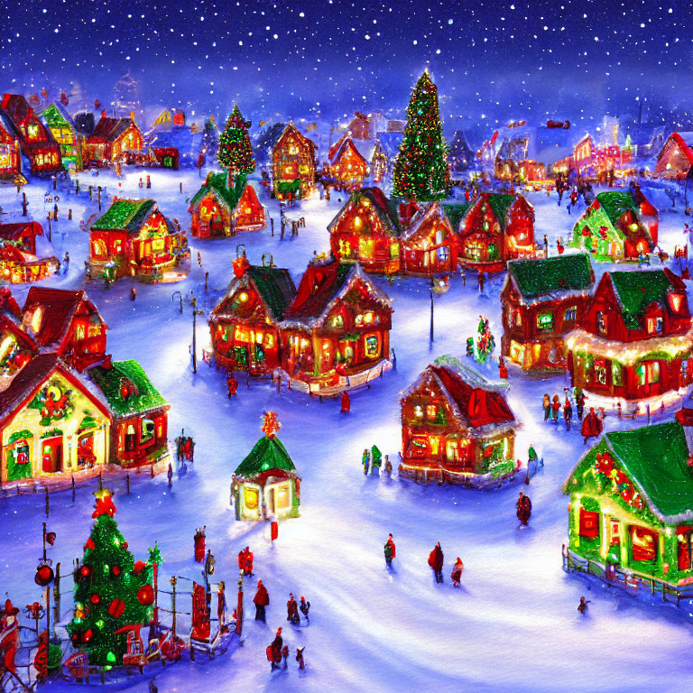 Festive Christmas market at night with illuminated stalls and snowfall