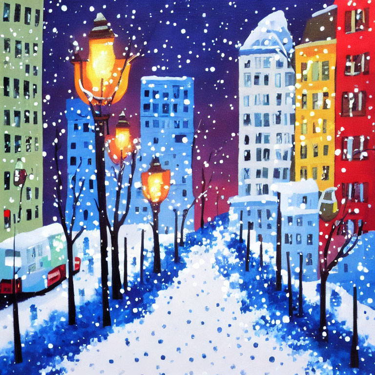 Colorful Snowy City Night Scene with Buildings, Trees, Lamps, Car