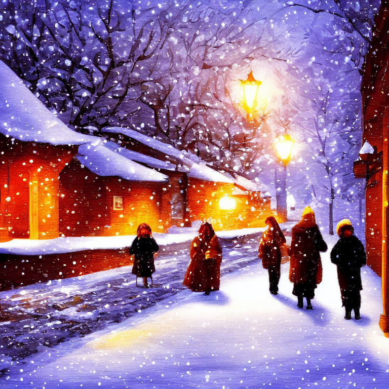 Snow-covered street at dusk with people in warm clothes.