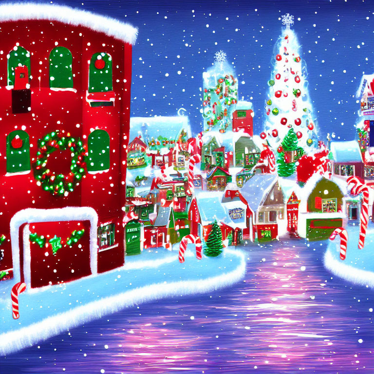 Vibrant snowy Christmas village with decorated houses and candy canes