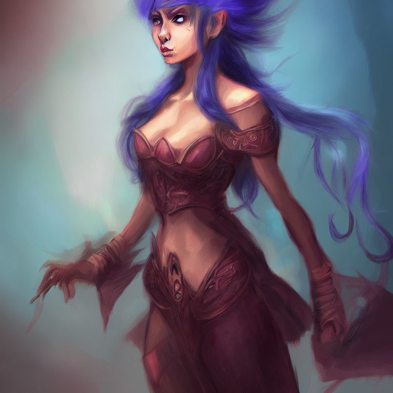 Fantasy Female Character: Blue Hair, Pointed Ears, Purple Skin, Corset & Arm