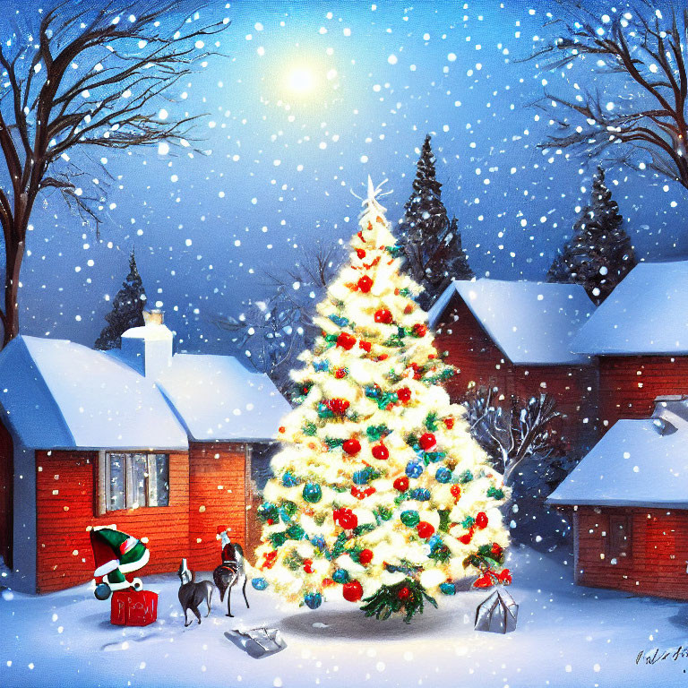 Snow-covered Christmas scene with decorated tree, red-brick houses, and person with dog.