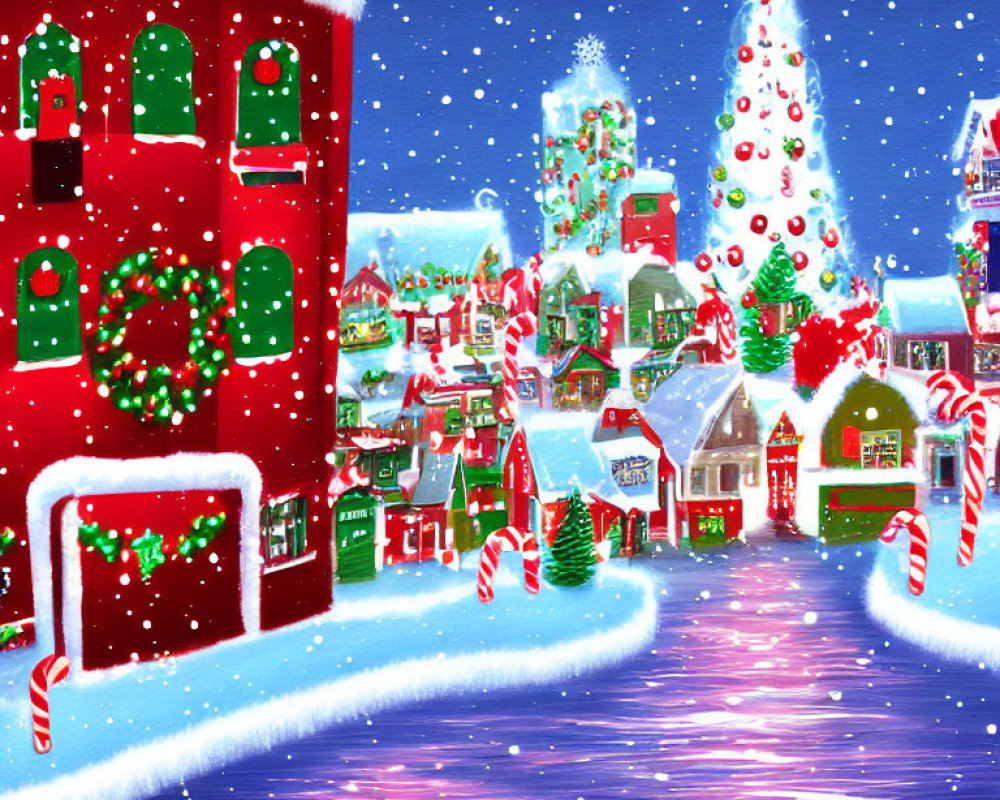 Vibrant snowy Christmas village with decorated houses and candy canes