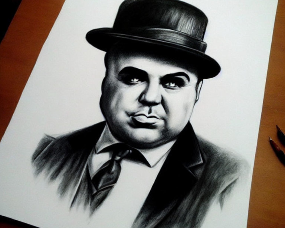 Monochrome pencil drawing of a man in suit and bowler hat on wooden surface