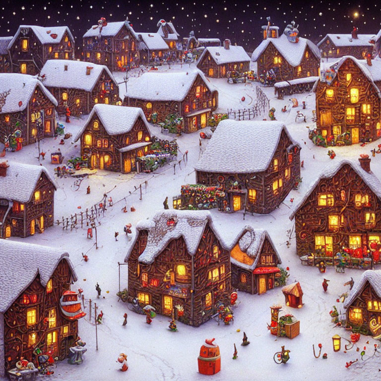 Snow-covered village at night with festive decorations and winter activities