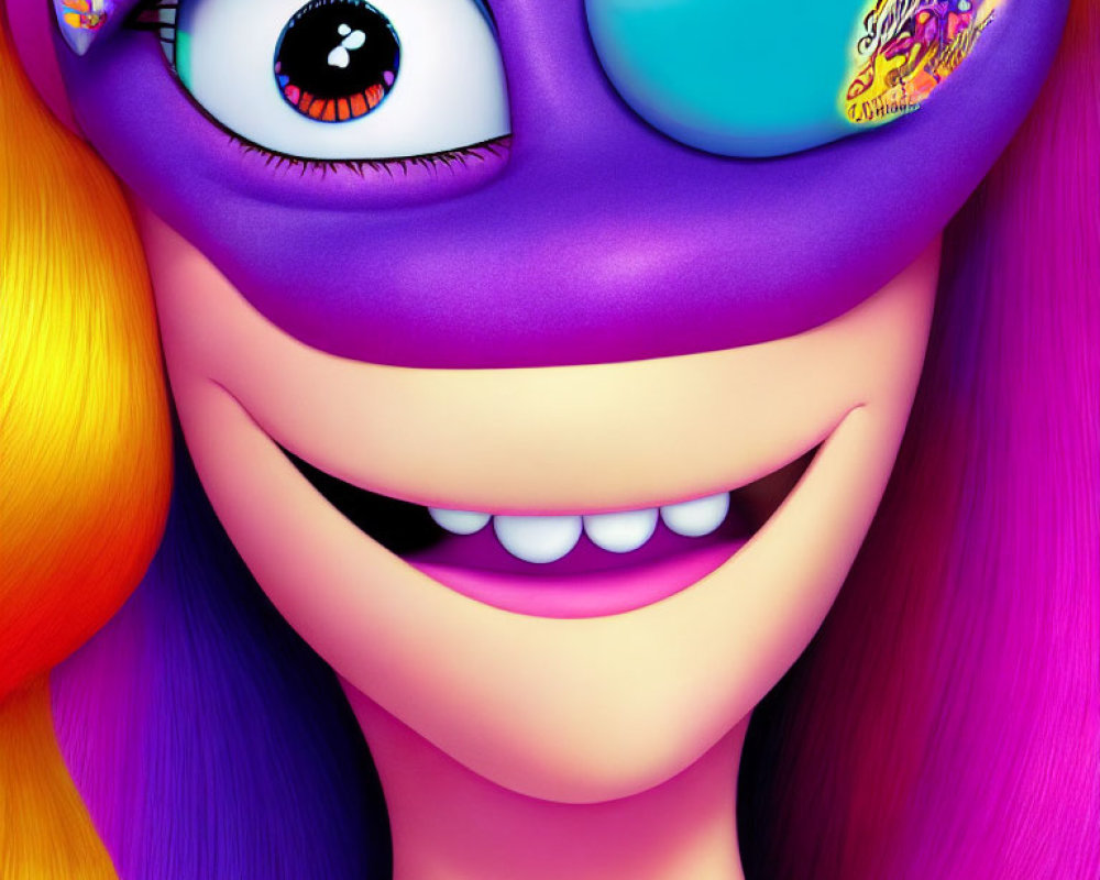 Colorful animated character with multicolored hair and purple mask smiling, with stylized text on mask