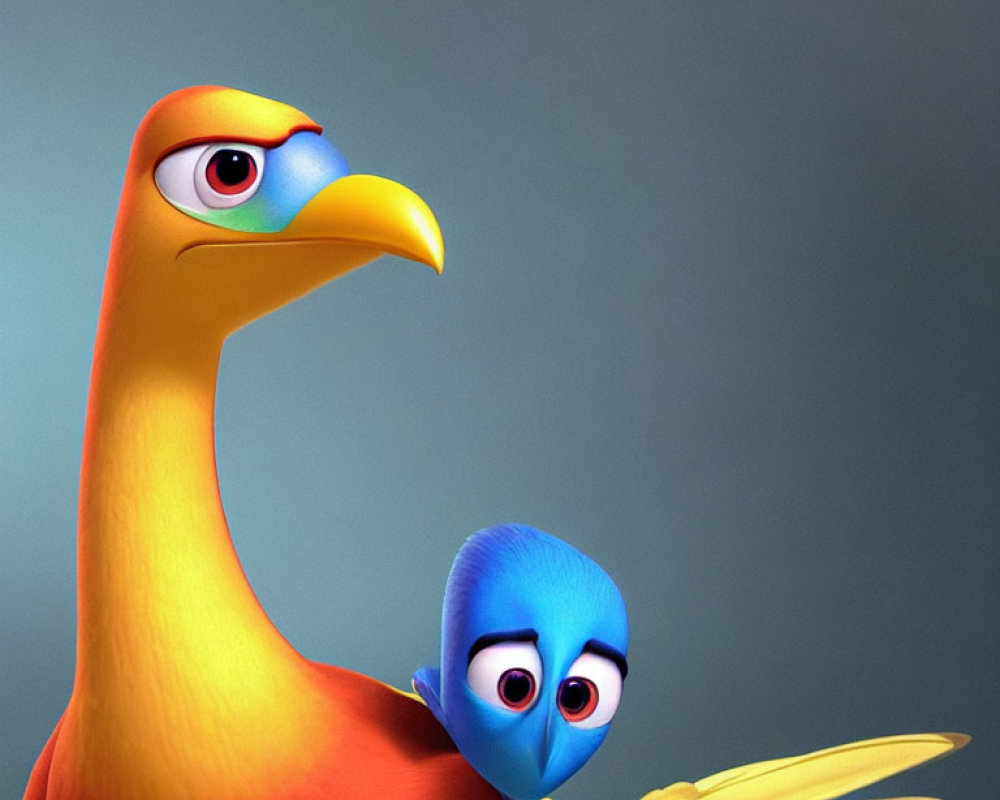 Vibrant animated birds: large orange body with yellow beak, small blue bird with big eyes