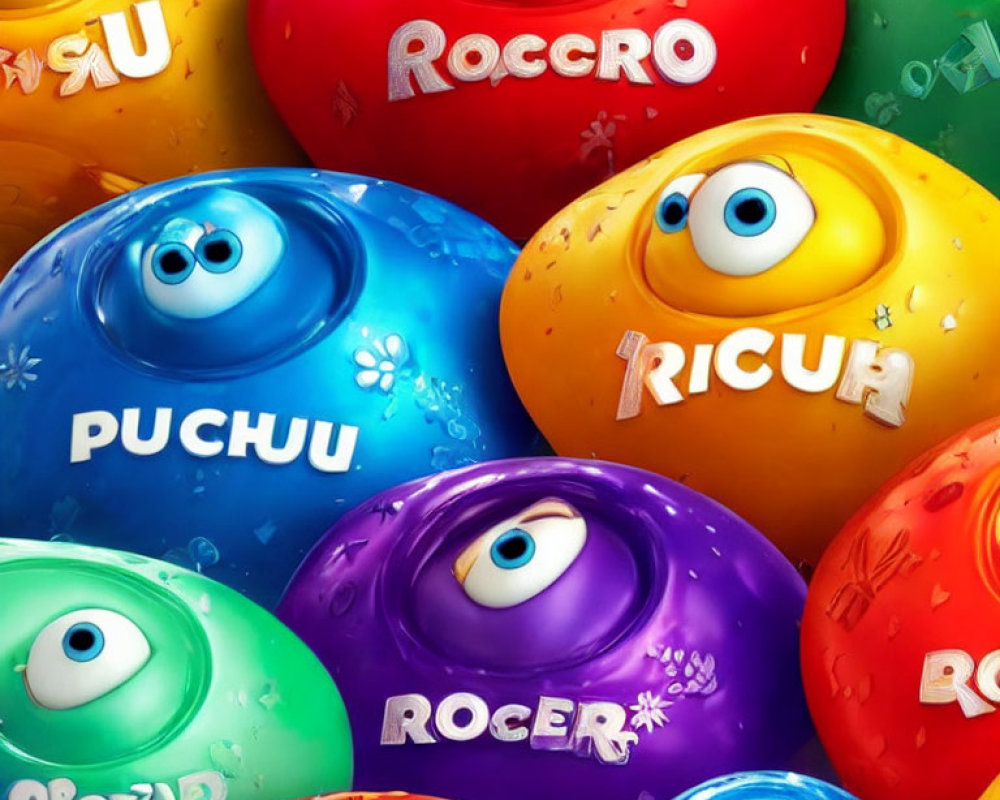 Vibrant one-eyed spheres with playful names and glossy texture