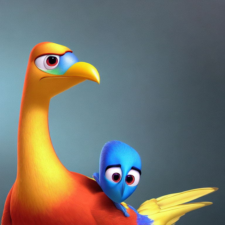 Vibrant animated birds: large orange body with yellow beak, small blue bird with big eyes