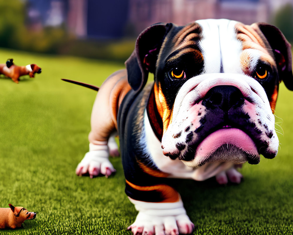 English Bulldog with comical expression and smaller dog figurines on grassy background