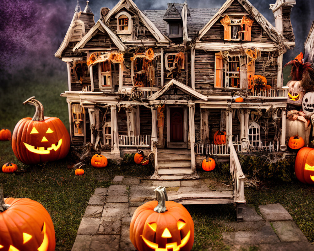 Miniature Halloween haunted house with pumpkins, leaves, and skeletons at dusk