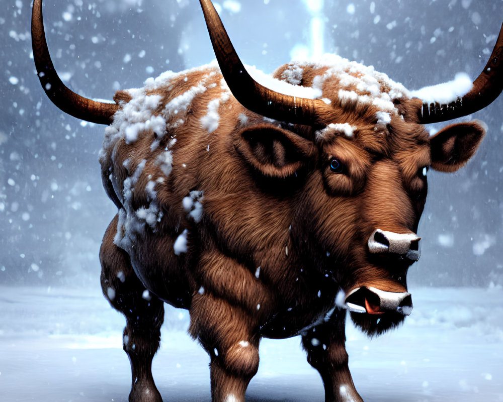 Furry yak with long horns in falling snowflakes