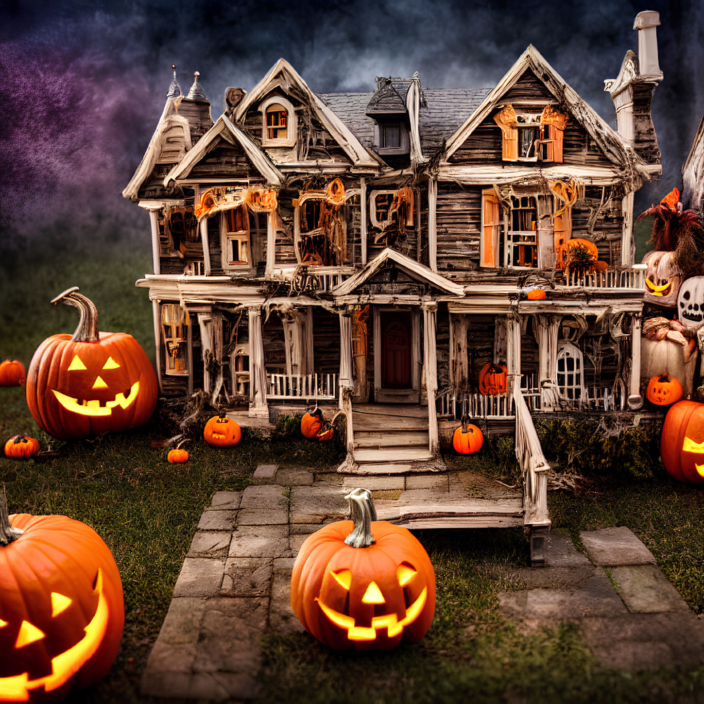 Miniature Halloween haunted house with pumpkins, leaves, and skeletons at dusk