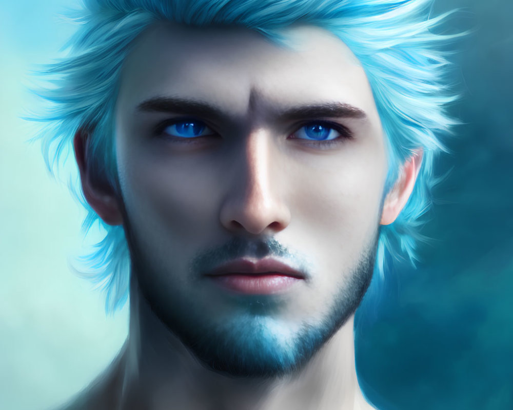Digital art portrait: person with spiky blue hair, piercing eyes, light beard, intense gaze