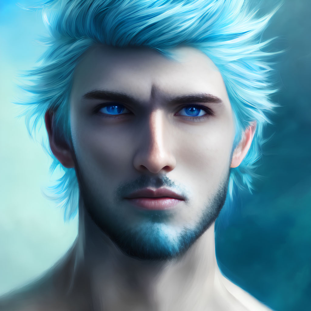 Digital art portrait: person with spiky blue hair, piercing eyes, light beard, intense gaze