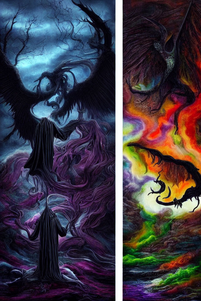 Dark and colorful split artwork with menacing dragons in a magical landscape