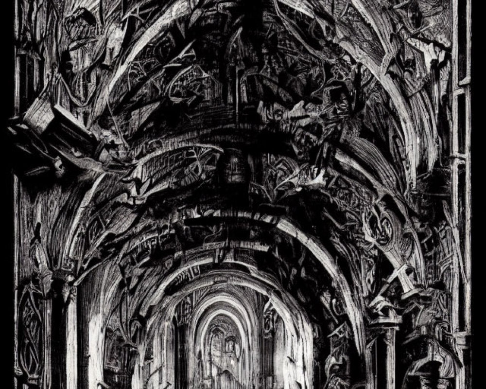 Detailed Gothic Style Black and White Archway Illustration with Altar
