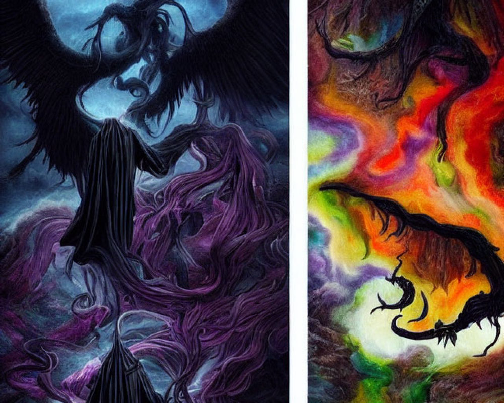 Dark and colorful split artwork with menacing dragons in a magical landscape
