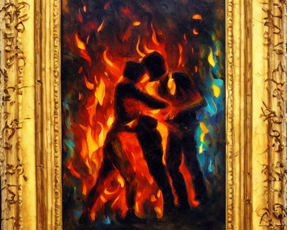 Vibrant painting of figures dancing in ornate gold frame