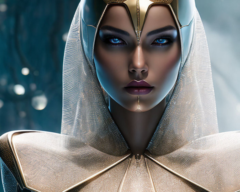 Futuristic female figure in gold armor with helmet and veil, blue eyes