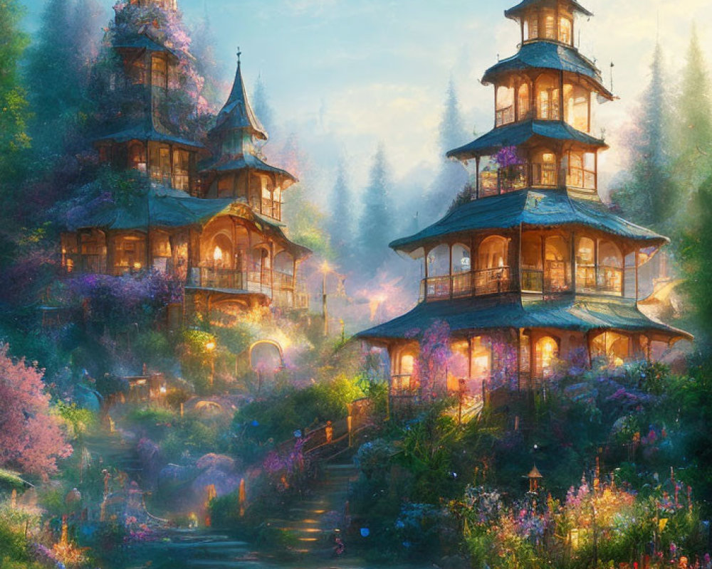 Fantasy landscape: Illuminated pagodas in lush gardens