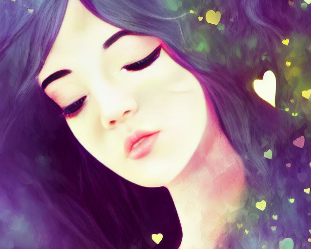 Dark-haired girl surrounded by multicolored hearts in dreamy artwork.