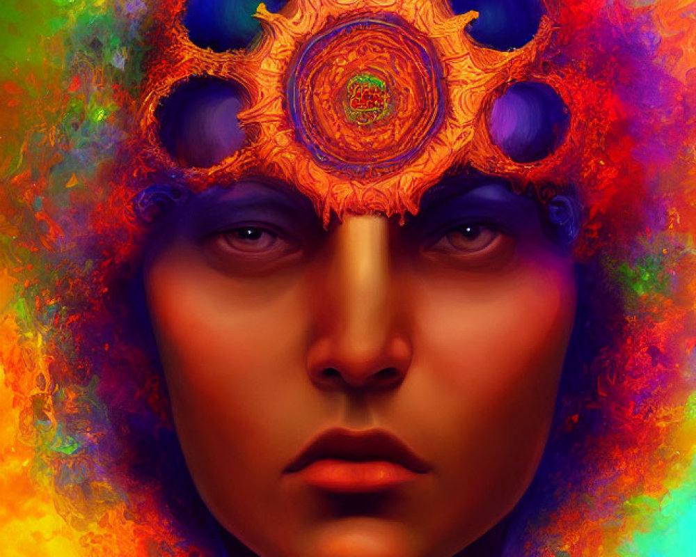 Colorful digital portrait of a person in ornate golden headpiece with serene expression