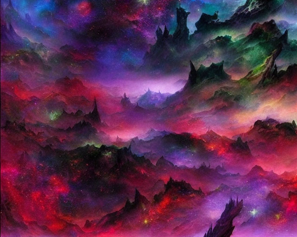Colorful fantasy landscape with moon, nebulae, and dragon-like rock formation