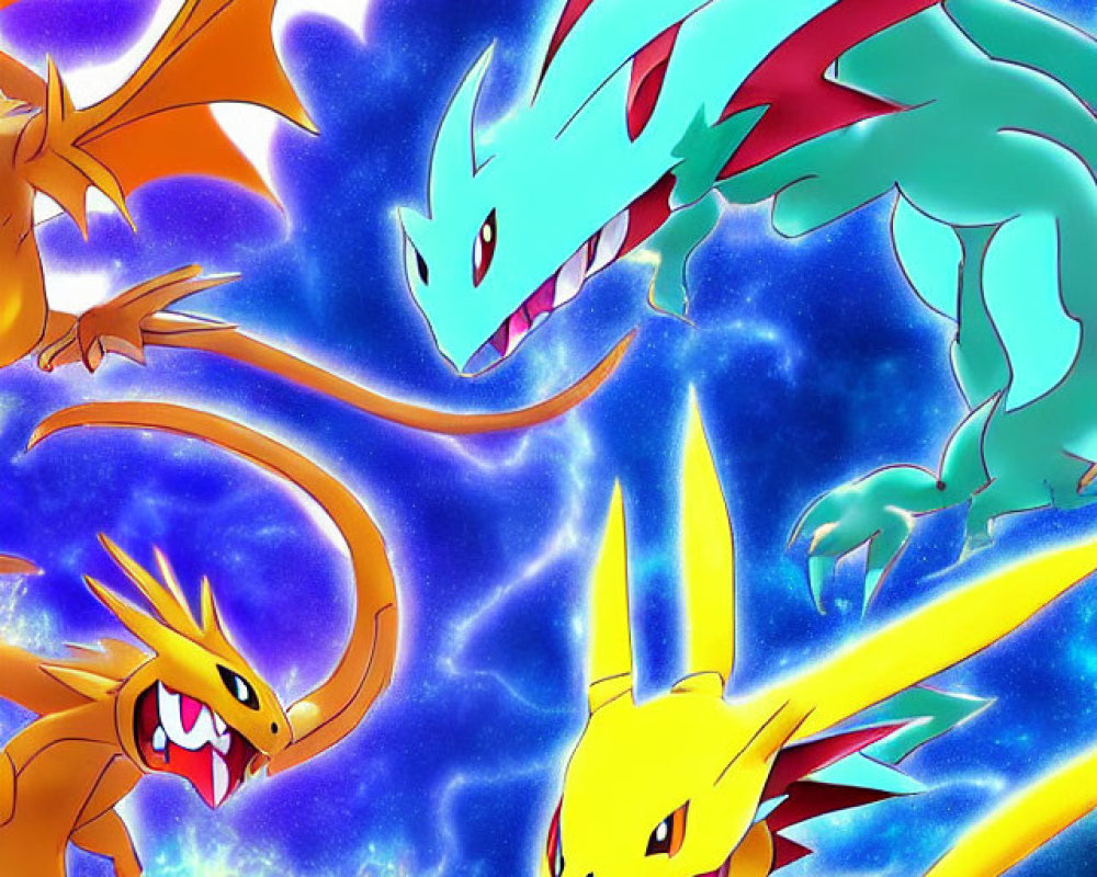 Three animated dragon-like creatures in intense pose on cosmic blue and yellow background