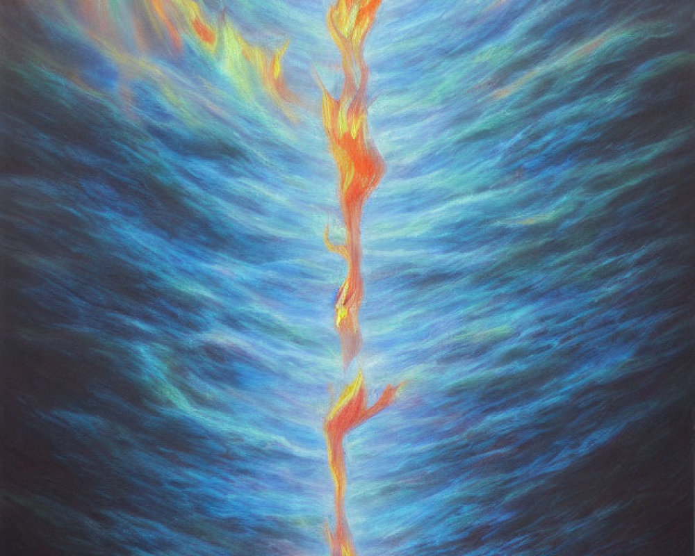 Abstract painting: Fiery swirl in shades of blue symbolizes dynamic motion.