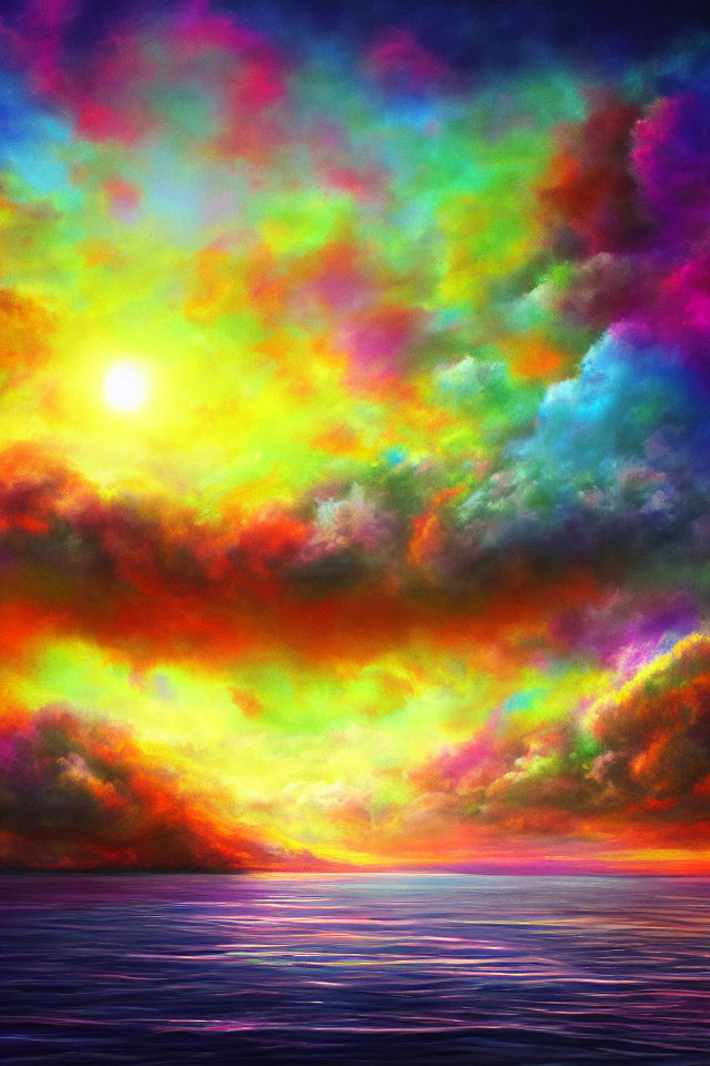 Colorful Sunset Painting with Ocean Reflections and Cloudy Sky