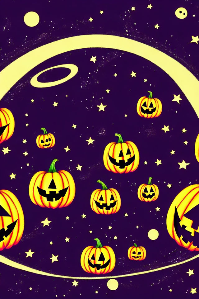 Colorful space illustration with smiling jack-o'-lanterns and planets
